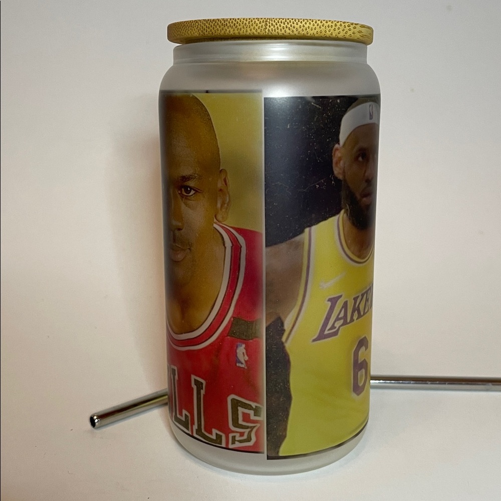 NBA ‘GOATS’ Jordan & LeBron Legends Drinking Glass Lid & Metal Straw Sports Fan